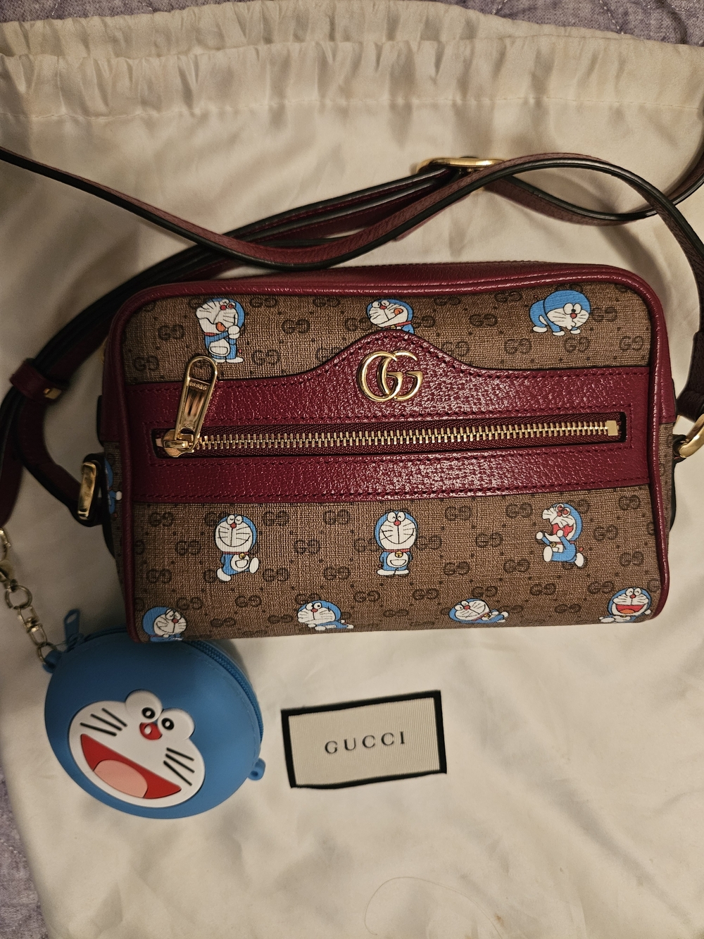 Gucci Doraemon GG Supreme Crossbody Bag in Brown & Red
